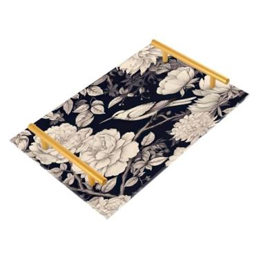 Imagem de Wassud Bandeja de banheiro de flores brancas e pássaros com alças organizador de perfume de acrílico para banheiro, quarto, cozinha, balcão de 30 x 20 cm
