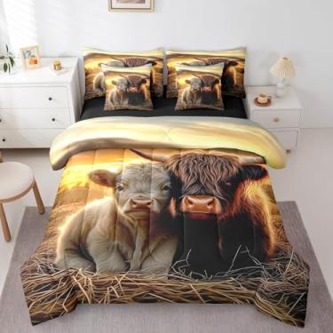 Imagem de Erosebridal Jogo de cama queen de vaca Highland com estampa de animais de fazenda, cenário de pôr do sol, 7 peças, para mulheres, estilo rústico, casa de família