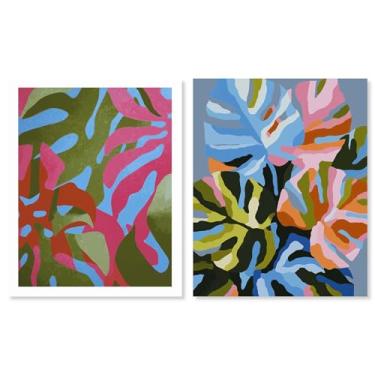 Imagem de Conjunto de 2 arte de parede para sala de estar com estampa de botânicos costeiros e corais, azul-petróleo e coral, 40,6 x 50,8 cm