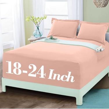 Imagem de Mocassi Lençol com elástico luxuoso 1800 de qualidade premium de hotel – Ultramacio, microfibra resistente a vincos, bolso extra profundo de 45 a 60 cm, lençol com elástico, California King, rosa
