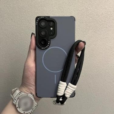 Imagem de Capa com alça de pulso para Samsung Galaxy S22 S23 S24 S25 Ultra Plus, carregamento sem fio, lente líquida, proteção de armação, azul, para S22 Ultra