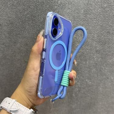 Imagem de Capa protetora de silicone macia com alça e cordão, azul, para iPhone 15 Pro, 16 Plus, 15, 14, 13 Pro Max