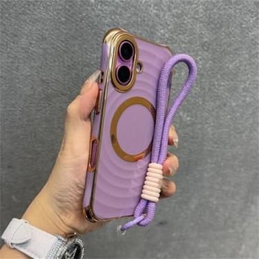 Imagem de Capa de celular luxuosa com alça de pulso e cordão para iPhone 15, 16 Plus, 11, 12, 13, 14 Pro Max, capa macia com ondulações d'água, roxa, para iPhone 14