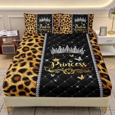 Imagem de AILONEN Jogo de lençol Queen com estampa de leopardo K & Q, coroa de princesa, bolso profundo com 2 fronhas, 3 peças de microfibra macia