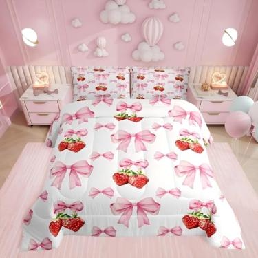 Imagem de Erosebridal Jogo de cama Queen com laço rosa para meninas e mulheres, conjunto de edredom com estampa de laço romântico de morango e frutas vermelhas para crianças e adolescentes, estilo princesa