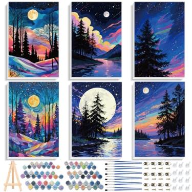 Imagem de EggSun Kit de pintura emoldurada por números para adultos, iniciantes com cavalete de madeira, kits de pintura a óleo acrílica DIY por números em tela para decoração de casa (paisagem de lua e lago