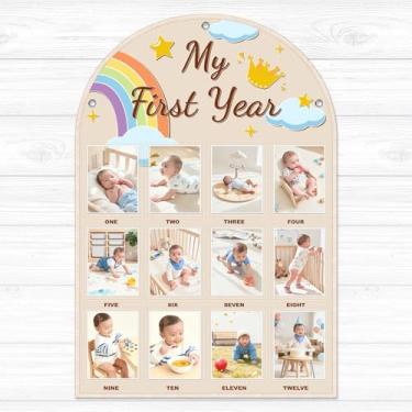 Imagem de amzoya Quadro de fotos My First Year com bolso para fotos do primeiro ano, 10 x 15 cm, 12 marcos mensais, decoração de parede de berçário de aniversário, presente de lembrança de bebê