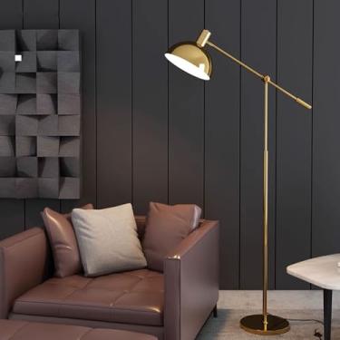 Imagem de Luminária de chão de luxo dourada, em metal polido, com cabeça ajustável, estilo vertical, ideal para decoração de interiores, perfeita para leitura na sala de estar ou no quarto. Interrupto