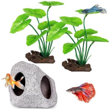 Imagem de MyLifeUNIT Decoração de aquário de peixes, plantas de aquário de seda artificial e decoração de caverna de rocha para acessórios de aquário Betta, peixes dourados, decorações de plantas de répteis