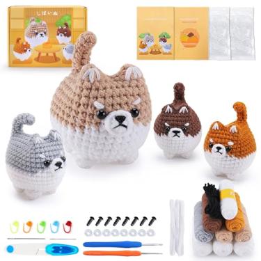 Imagem de Kit de crochê para iniciantes - 4 peças de kits de crochê gordo Shiba Inu para adultos, kit de animais de crochê para cães Corgi com tutoriais em vídeo passo a passo, fio, gancho de crochê, kit de