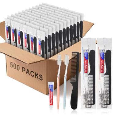 Imagem de HQSLsund 500 escovas de dentes descartáveis com pasta de dente e pente para sem-teto embrulhadas individualmente, 10 g de pasta de dente para viagem, pente de cabelo preto de 18 cm, escova de dentes
