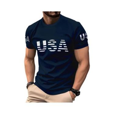 Imagem de Camiseta Masculina Azul Escuro Com Estampa Gráfica Americana Casual Em