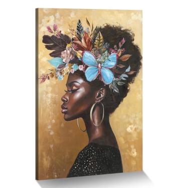 Imagem de ArtSquare Arte de parede em tela de mulher afro-americana e borboletas azuis para quarto, sala de estar, escritório, corredor - 61 cm C x 40 cm L