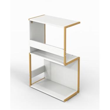 Imagem de ZAXVIDA, mesa lateral pequena, estante em forma de S com prateleiras de armazenamento de 2 camadas, mesa de sofá para espaços pequenos, mesa de cabeceira para quarto, sala de estar, moldura estável