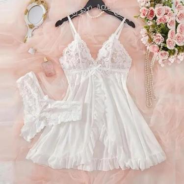 Imagem de Conjunto De Camisola De Renda De Seda Gelada plus Size Com Tanga Sexy 