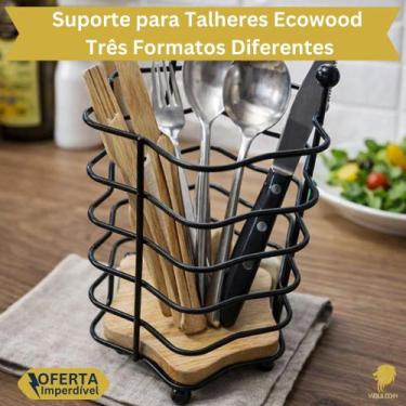 Imagem de Suporte Talheres Ecowood Moderno Escorredor Louça Aramado Preto Metáli