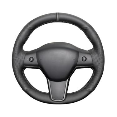 Imagem de Belinous Capa de volante de couro com cadarço, envoltório de volante costurado à mão de couro genuíno compatível com modelo Y 2017-2023 modelo 3/2020-2023 (cinza)