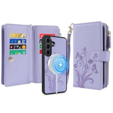 Imagem de Lacass Capa carteira para Samsung Galaxy S25 FE S25FE, compatível com MagSafe 2 em 1 capa magnética removível de couro PU com bloqueio RFID, porta-cartão, zíper, alça de pulso, floral roxo claro