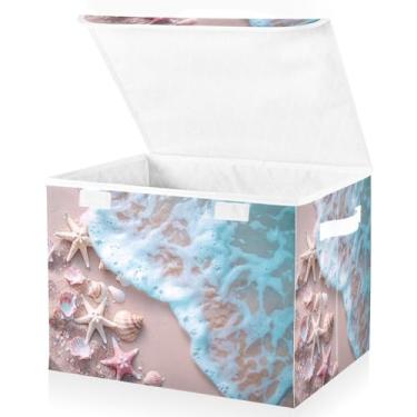 Imagem de Blueangle Cestos de armazenamento de estrela do mar e coral com tampas, 42 x 32 x 30 cm, grande cesta organizadora dobrável para decoração de escritório e armário (494)