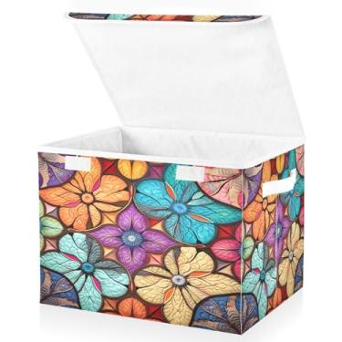 Imagem de Blueangle Caixas de armazenamento de azulejos têxteis orientais coloridos com tampas, 42 x 32 x 30 cm, grande cesta organizadora dobrável para decoração de escritório e armário (550)