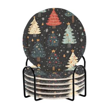 Imagem de Blueangle 6 peças de porta-copos de árvores de Natal de desenho animado para bebidas, porta-copos de tecido redondo super absorvente para mesa de café, proteção de mesa para decoração de casa (559)
