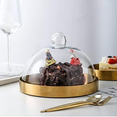 Imagem de Suporte de bolo redondo, servidor de prato de bolo com cúpula, bandeja de frutas, bandeja de servir de metal e tampa de vidro (cor: ouro, tamanho: 20 * 16 cm) (ouro 14 * 8,7 cm) (ouro 20 * 16 cm)