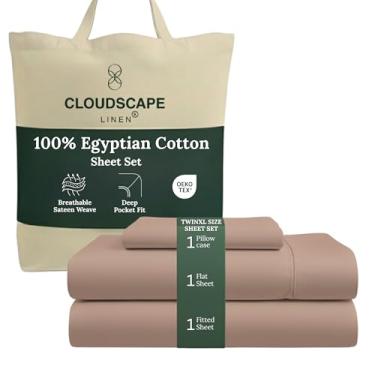 Imagem de Conjunto de lençóis de algodão egípcio de camada dupla Cloud Scape Linen Twin XL – Tecido de cetim de fibra longa, conjunto de cama essencial de 3 peças de qualidade de hotel macio, bolsos profundos