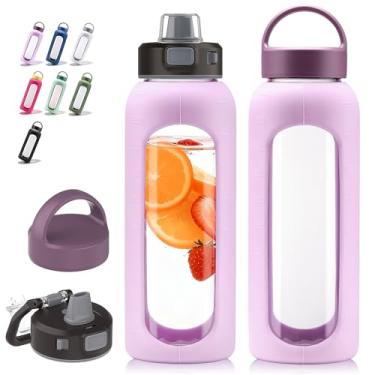 Imagem de Kodrine Garrafa de água de vidro motivacional de 947 ml roxo claro/borossilicato com canudo e 2 tampas, manga de silicone, marcador de tempo, lavável na lava-louças e livre de BPA para viagens