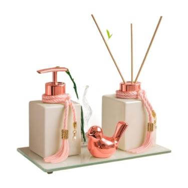 Imagem de Kit Lavabo Luxo em Vidro Branco 250ml – Difusor Aromatizador e Saboneteira com Bandeja Espelhada e Acessórios(Rose)