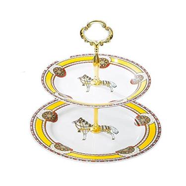 Imagem de Bandeja de servir de 2 camadas, suporte de bolo com 2 travessas de porcelana para servir em camadas, para apresentação de sobremesa de frutas, conjunto de exibição de festa
