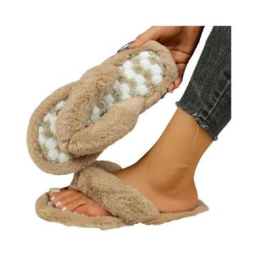 Imagem de Chinelos De Inverno Femininos De Pelúcia Curta E Quente, Sola Macia, L