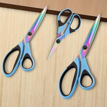 Imagem de 3 tesouras de alfaiate afiadas, lâminas de titânio, cabo macio de borracha, tesoura de tecido multiuso para adultos, escritório, costura, escola (azul e preto)