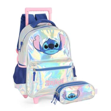 Imagem de Mochila Rodas Stitch Com Estojo Triplo Escolar Holográfico
