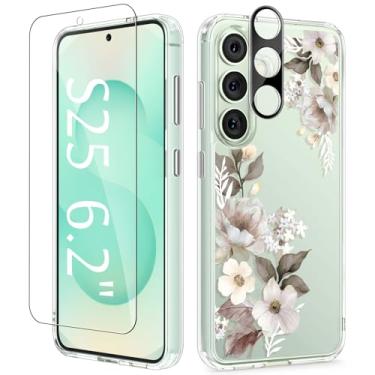 Imagem de GVIEWIN Capa compatível com Samsung Galaxy S25, [compatível com MagSafe] [protetor de tela e lente da câmera] Capa protetora floral transparente fina à prova de choque para mulheres, Delphinium/cinza