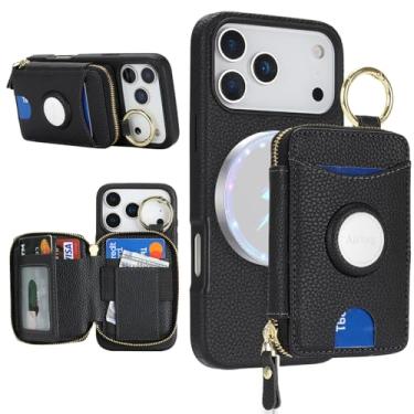 Imagem de Cavor Capa carteira compatível com MagSafe para iPhone 17 Pro com suporte para AirTag, 2 em 1 de couro PU, magnético, destacável, porta-cartões, anel com suporte, zíper, capa de telefone para mulheres