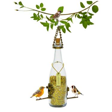 Imagem de Comedouro para Pássaros Livres em Garrafa de Vidro, Design Vintage com Corrente, Decoração de Jardim, Alimentador Suspenso com Poleiros