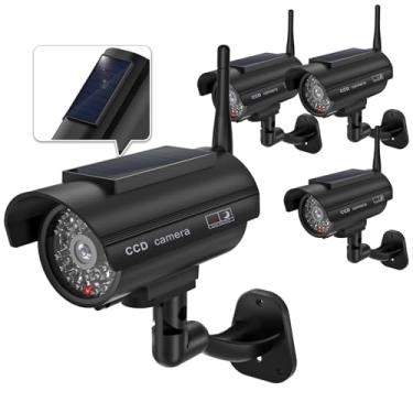 Imagem de WALI Câmera falsa falsa, alimentada por energia solar, câmera de segurança com luz LED, câmeras CCTV Dome de segurança de vigilância simulada com antena e adesivo de aviso para ambientes internos e