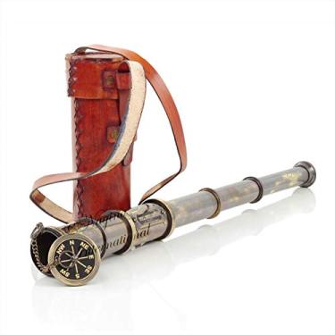 Imagem de Telescópio de latão de 43 cm com capa de couro marrom | Réplica de pirata náutico antigo artesanato vintage Dollond London 1920 espião portátil com capa de segurança | Telescópios e presentes