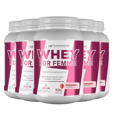 Imagem de 5X Whey For Femme + Colageno Hidrolisado 900G Morango Hf - Hf Suplemen