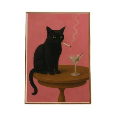 Imagem de Pôster Vintage De Gato Preto Fumando Cigarro, Arte Retrô, Decoração De