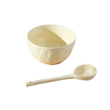 Imagem de Tigela de arroz com letras de relevo de cerâmica para uso doméstico de aveia esmaltada - branco leitoso com colher