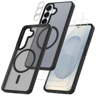 Imagem de Capa para Samsung Galaxy A57 5G com 2 películas de vidro temperado com 1 protetor de lente de câmera, compatível com suportes magnéticos, capa protetora à prova de choque para celular (preto)