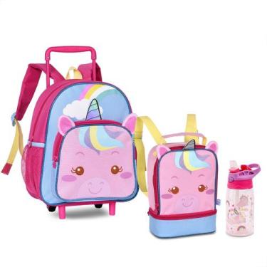 Imagem de Kit Mini Mochila Rodinha Lancheira Térmica Garrafa Unicórnio Escolar -