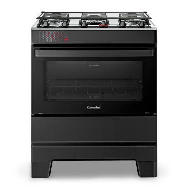 Imagem de Fogão A Gás Esmaltec Mesa Inox Tampa De Vidro Forno 84L Ideal Top Preto 5 Bocas Bivolt