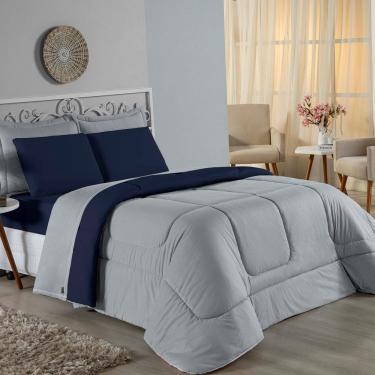 Imagem de Kit Edredom Dupla Face + Jogo De Lençol Casal Viúva Nobre 6 Peças Malha 100% Algodão - Cinza / Azul-marinho