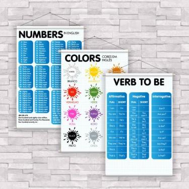Imagem de kit com 3 Banner Educativo Inglês Números, Cores e Verbo To Be 70x55cm