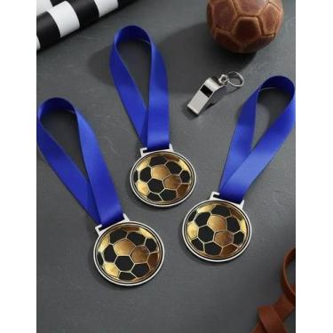 Imagem de Medalha Para Futebol Honra ao Mérito Campeão 50mm Com Fita Azul Kit 10