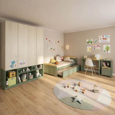 Imagem de Quarto Completo Guardar-roupa Curió, Bicama, Escrivaninha e Estante Petit Casatema Madeiraoriginals Verde/Mel