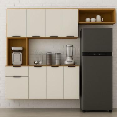 Imagem de Cozinha Compacta Aura 8 Portas 1 Gaveta MDP 193.2cm Cinamomo-off White com Nicho Integrado