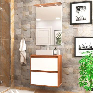 Imagem de Gabinete Para Banheiro Com Cuba E Espelheira Com Led 60cm Mdf Freijo Com Branco Dubai -...